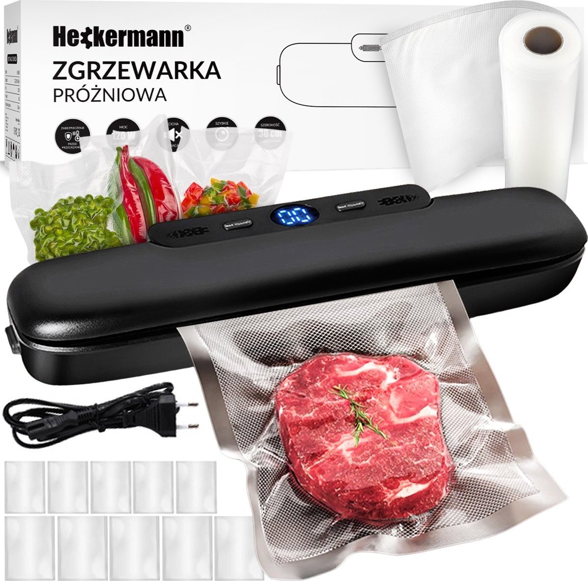 Heckermann Zgrzewarka próżniowa do pakowania żywności JL-VS8808 + folia 20x600 cm - Czarna