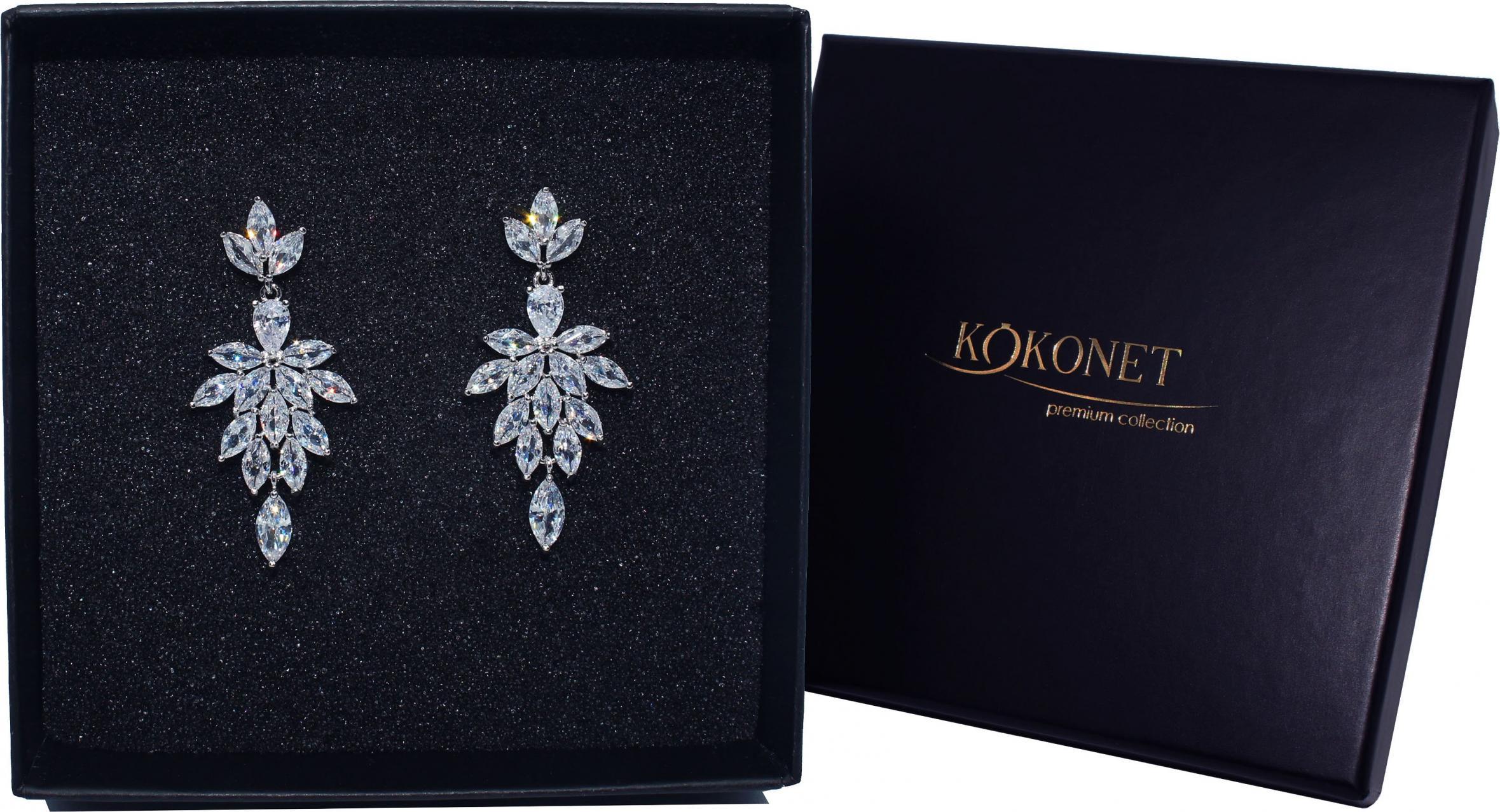 KOKONET KOLCZYKI ślubne listki PIĘKNE cyrkonie kamienie WISZĄCE