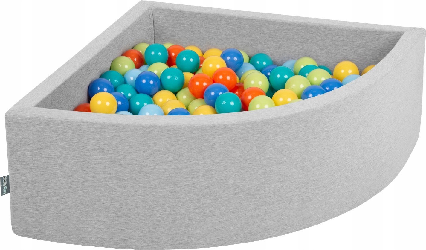 KiddyMoon Suchy basen trójkątny z piłeczkami 7cm jasnoszary: jasny zielony-pomarańcz-turkus-niebieski-babyblue-żółty 90x30cm/300piłek Zabawka basen pi