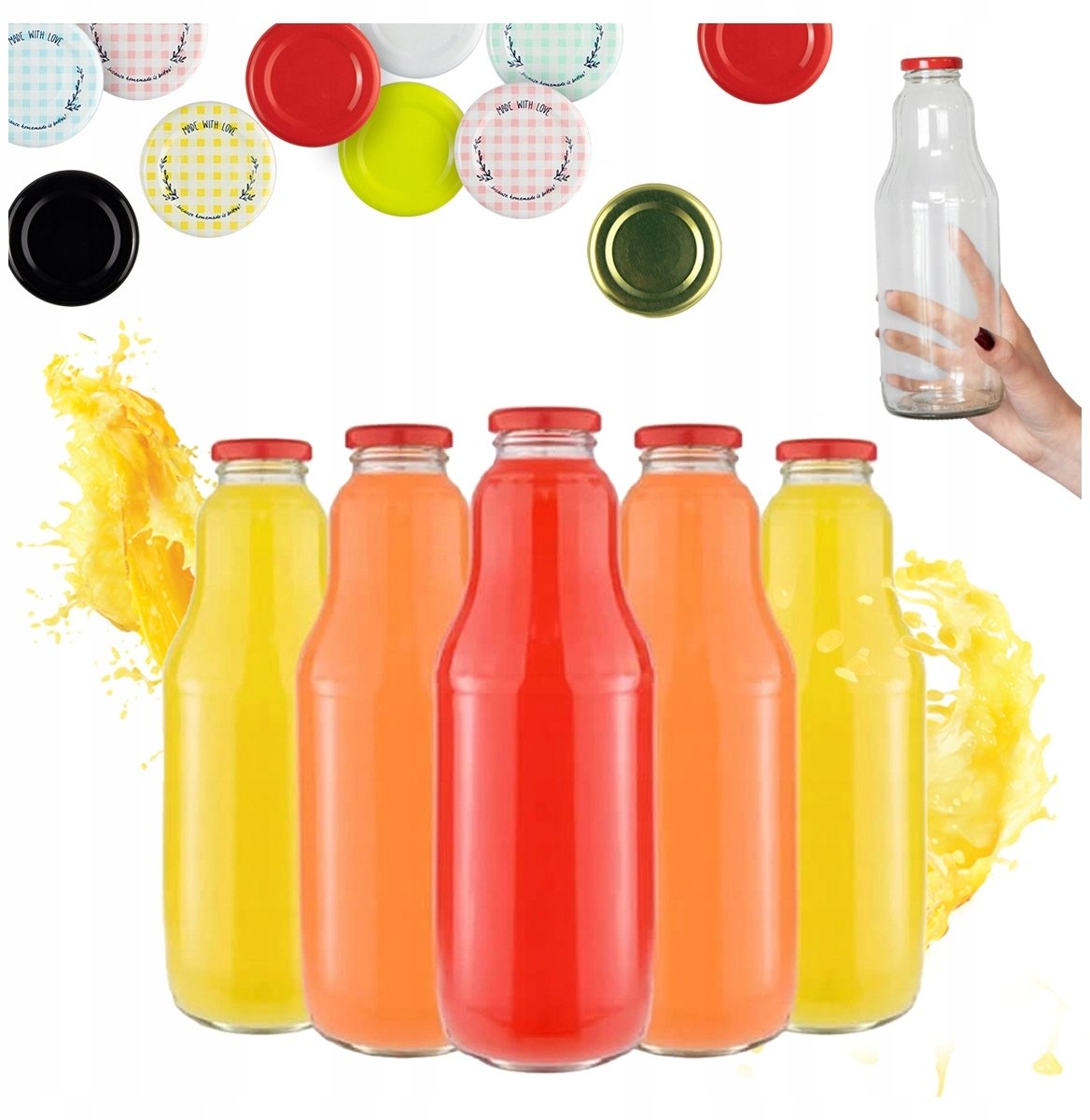 60x Butelki Szklane FRUIT 1L Butelka Na Sok Soki Mleko 1000ml + Wieczko