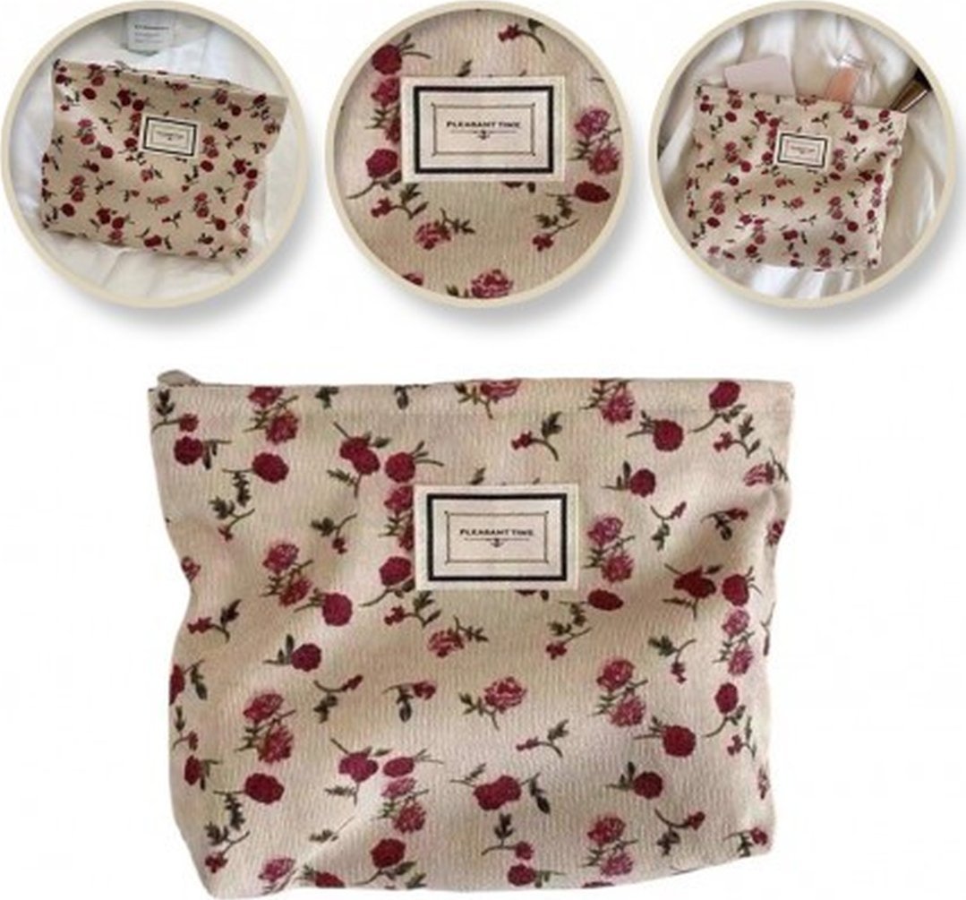 Ecarla Kosmetyczka ks117 beżowa w czerwone kwiatuszki