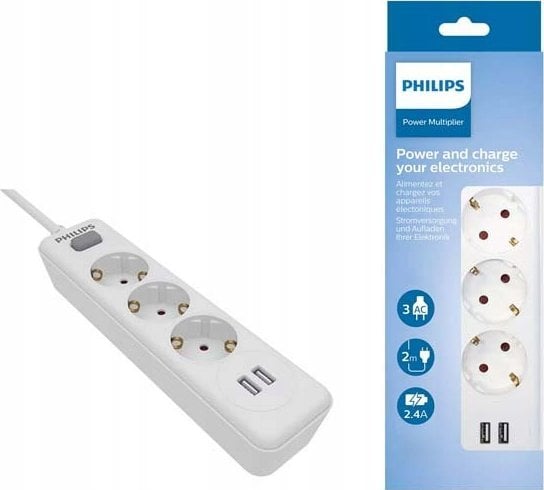 Philips PRZEDŁUŻACZ SIECIOWY PHILIPS LISTWA ZASILAJĄCA PRZEPIĘCIOWA BIAŁA 3 GNIAZDA 2XUSB 2M SPN3032WA/60
