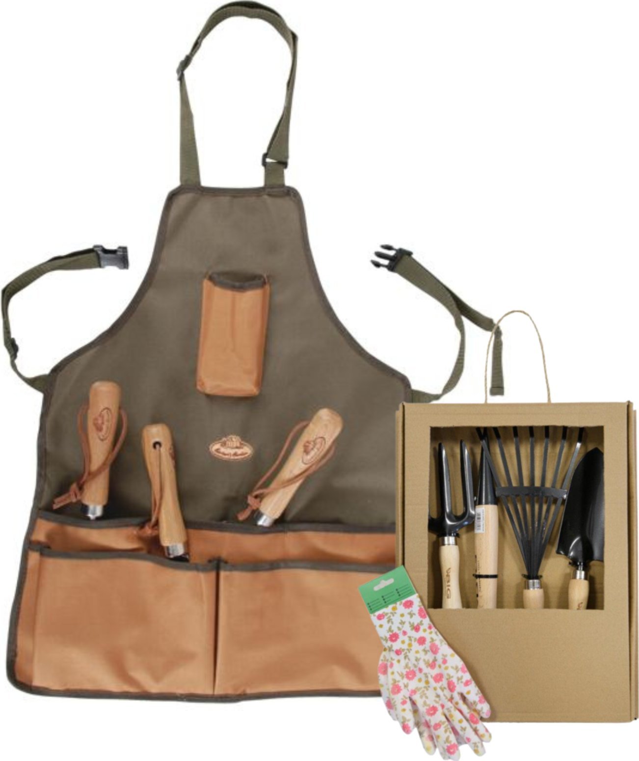 Fartuch ogrodowy + zestaw narzędzi Łopatka Pikownik Grabie