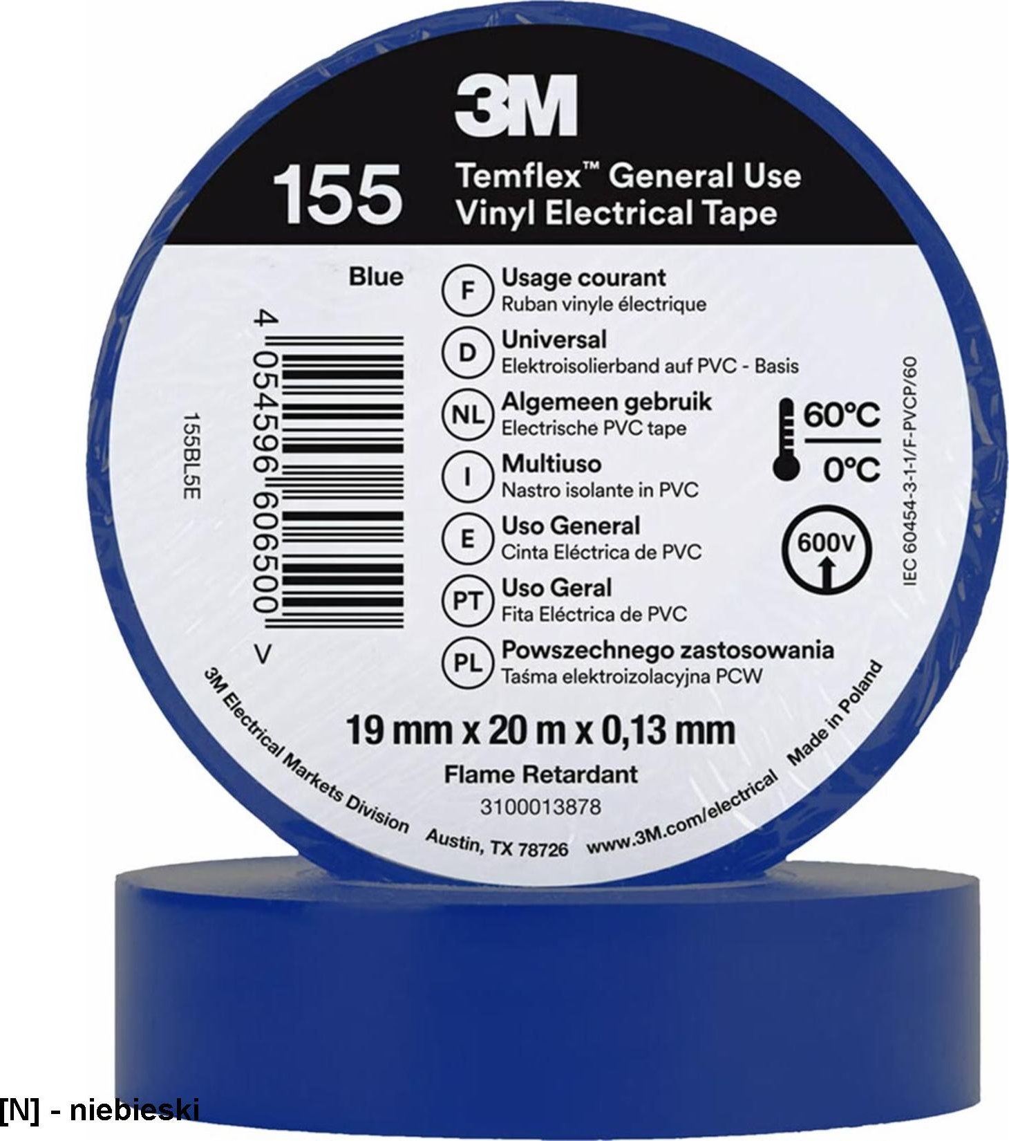 3M 3M-TASIZO-155 - Winylowa taśma elektroizolacyjna 3M Temflex 155 - niebieski