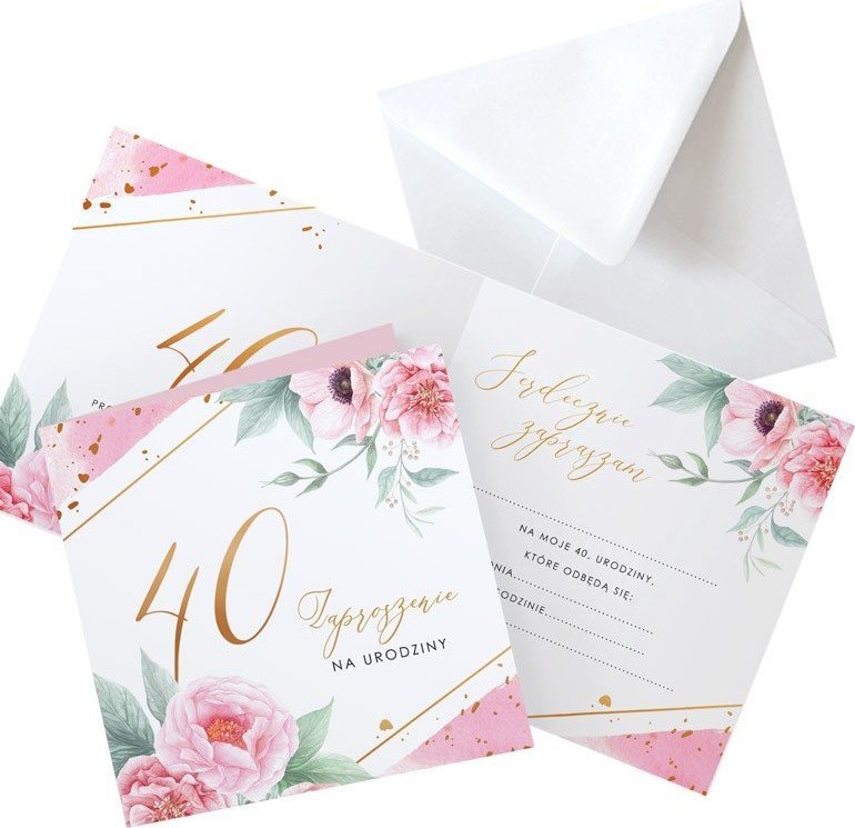 ZAPROSZENIA na 40 urodziny Piwonie 10szt (+koperty)