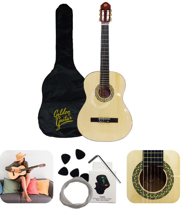 Zestaw: Gitara klasyczna 4/4 39" kolor naturalny GKS39NAT Golden Guitar+ pokrowiec tuner struny kostki one size