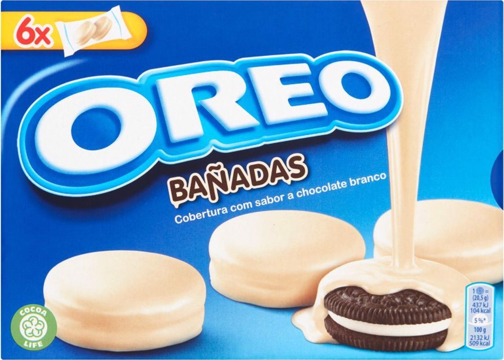 Mondelez Oreo Ciastka kakaowe z nadzieniem o smaku waniliowym oblane białą polewą 246 g (12 sztuk)