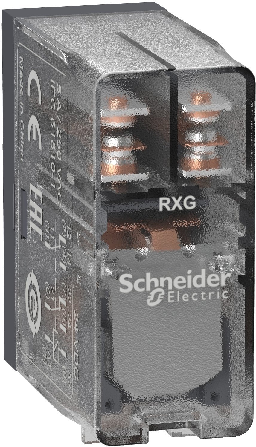 Schneider interfejsowy przekaźnik z przezroczystą obudową 24V DC, 5A, 2 styki C/O RXG25BD /10szt./