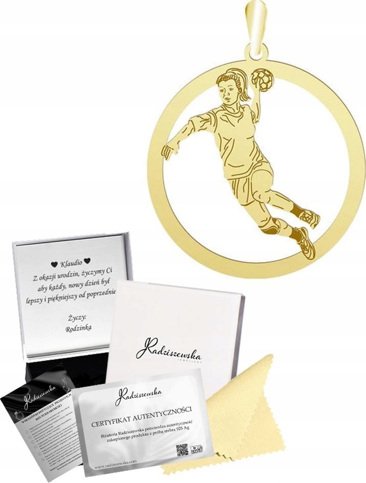 Radziszewska Złota Zawieszka Piłka Ręczna Kobieta Prezent SREBRO 925 GRAWER GRATIS