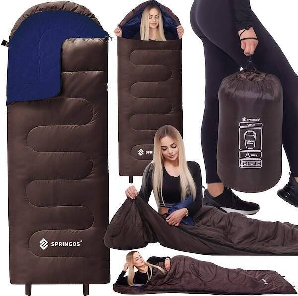 Springos Śpiwór turystyczny z kapturem 2w1 220x80 cm ciepła kołdra kempingowa brązowo-granatowa UNIWERSALNY