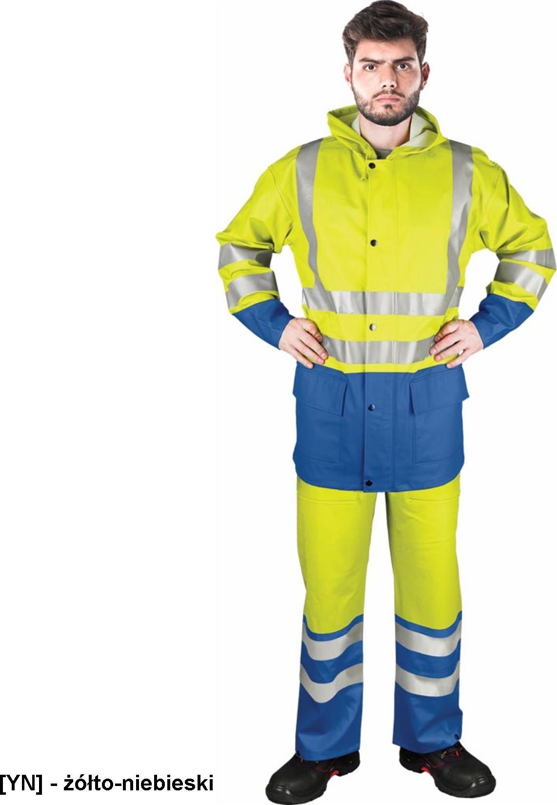 Kurtka męska R.E.I.S. KPLPUFLUO - Wysokiej jakości komplet przeciwdeszczowy z elastycznego materiału o wysokiej wytrzymałości - żółto-niebieski XL
