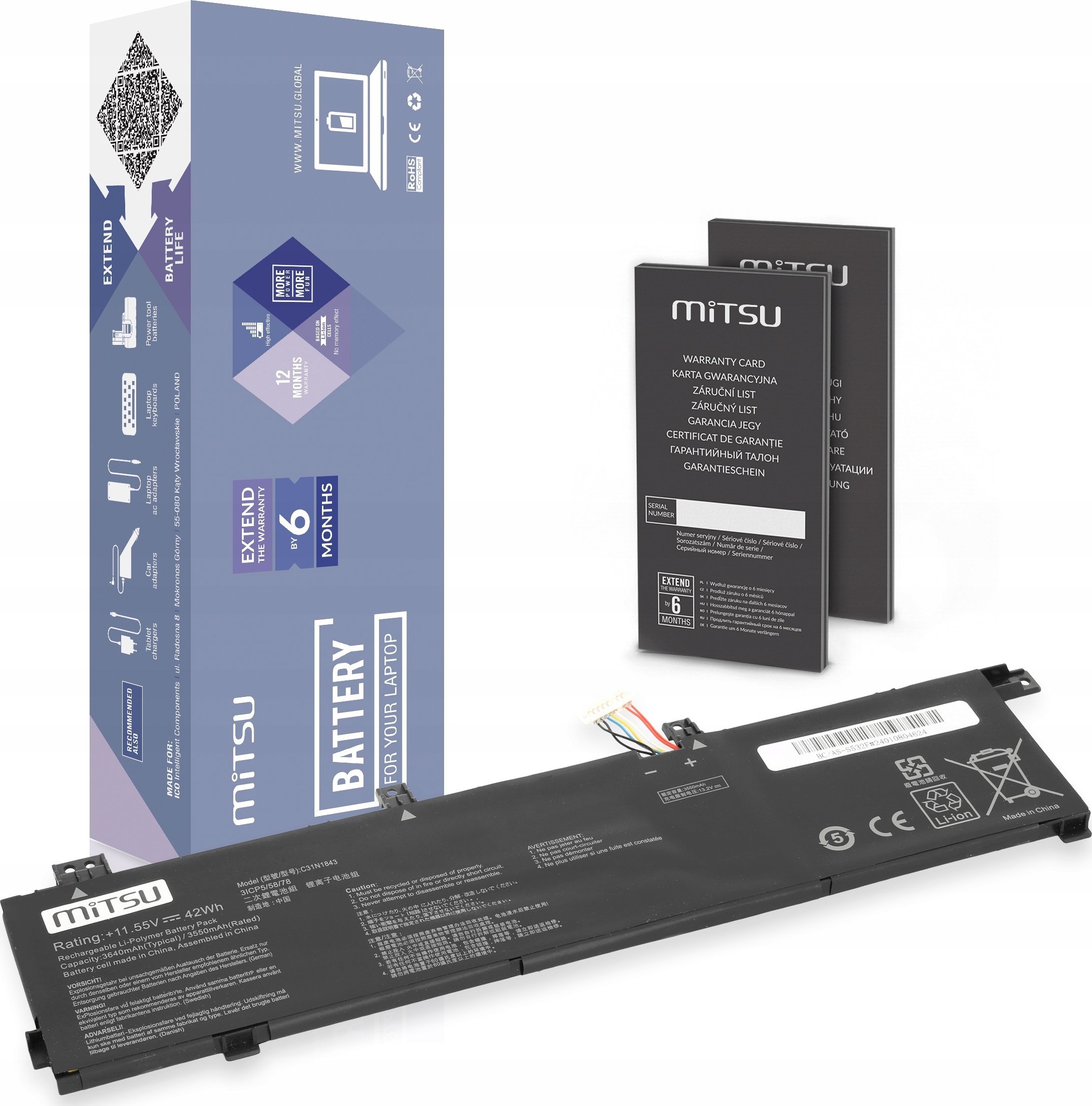 Bateria Mitsu Bateria C31N1843 do Asus VivoBook S432F S432FA S432FL S532F S532FA S532FL