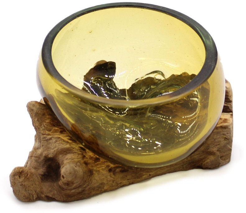 Szklana Miska Wtopiona w Drewno - Żółta