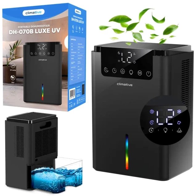 Climative DH-070 Luxe UV osuszacz powietrza lampa UV higrostat termometr timer zbiornik 2000 ml cicha praca tryb snu panel dotykowy akcesoria filtracj