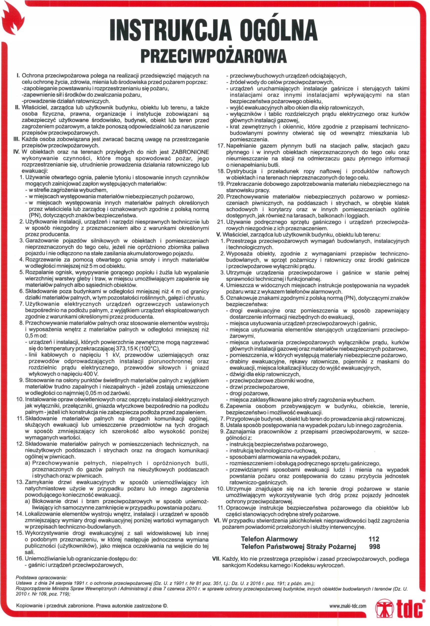 PROCERA Znak TDC, Instrukcja ogólna przeciwpożarowa