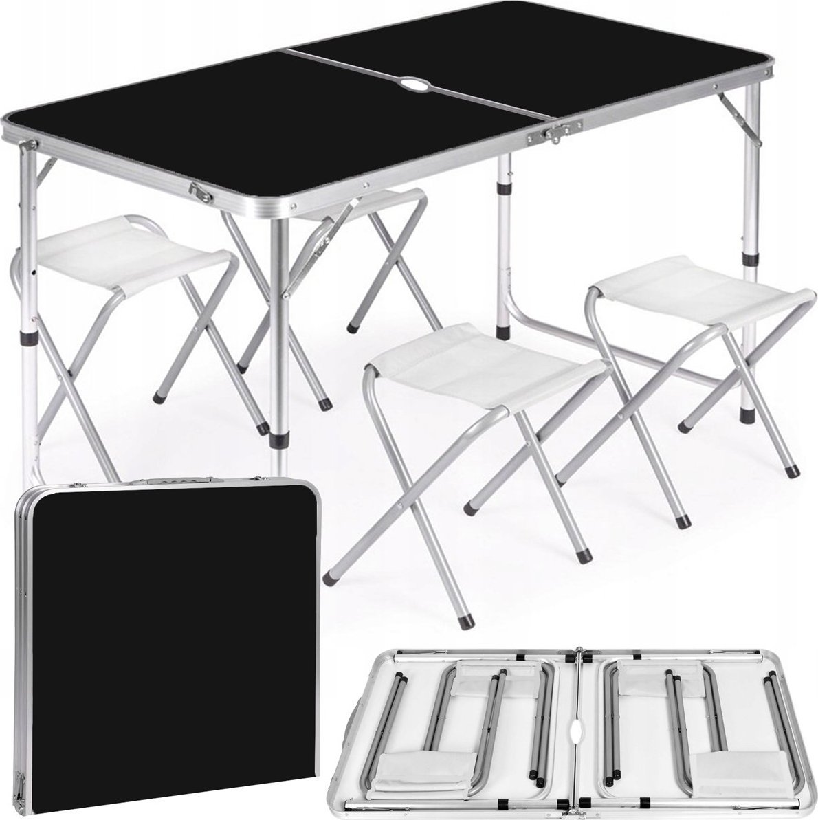 Heckermann Stół składany z otworem 120x60cm Heckermann Czarny + 4x Taboret