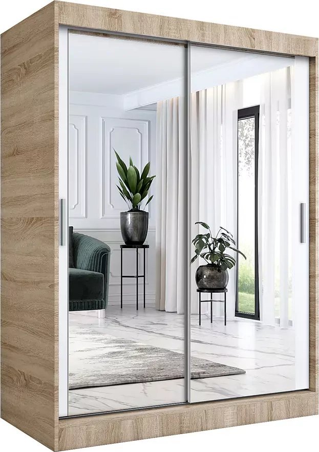 Elior Szafa przesuwna z lustrem 150 cm dąb sonoma + biały - Edna 4X