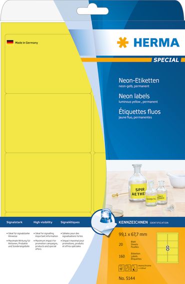 Herma Etykiety kolorowe A4, papier matowy jaskrawy żółty, 160 szt. (5144)