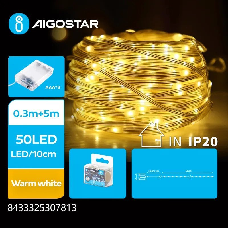 Lampki choinkowe Aigostar Lampki choinkowe na 3 baterie AA PVC i miedź, Ciepła biel, 5m Taśma świetlna na 3 baterie AA PVC i miedź, Ciepła biel, 5m