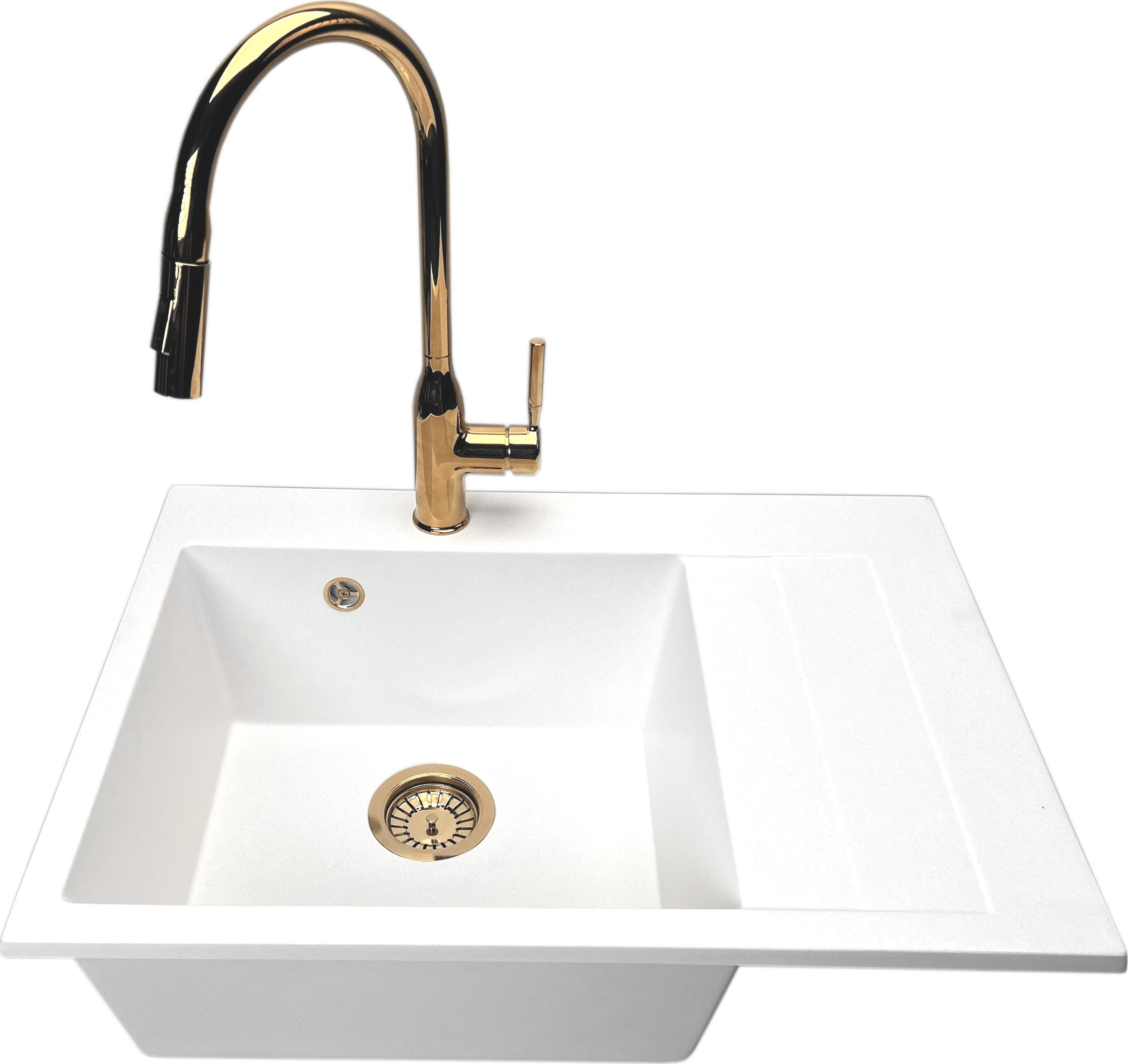 Zlewozmywak PREHNIT Zlewozmywak jednokomorowy z ociekaczem LOBSTER biały + bateria z wyciąganą wylewką złota ROXY