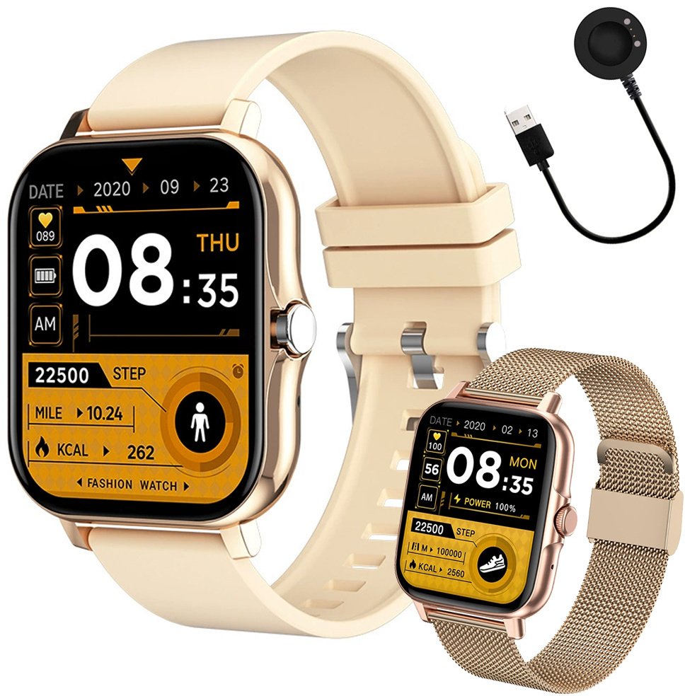 Smartwatch zegarek damski męski gumowy pasek sport bluetooth rozmowy złoty