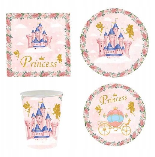 Jednorazowa zastawa stołowa / urodzinowa z motywem księżniczki / zamku