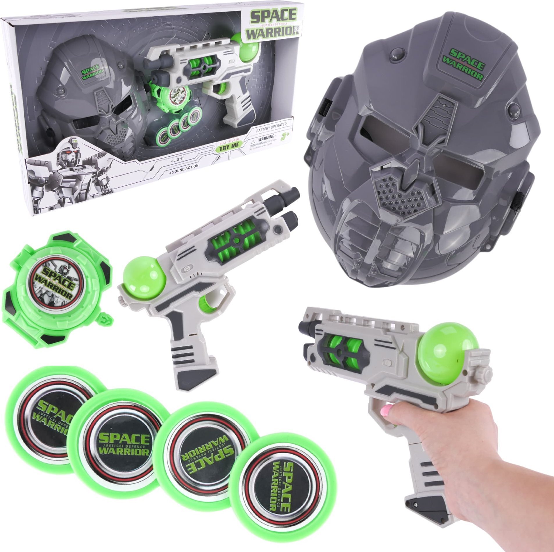 ProNice ZESTAW KOSMICZNY WOJSKOWY PISTOLET MASKA LED DŹWIĘK MIECZ ŚWIETLNY