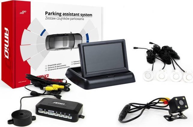 AMiO Zestaw czujników parkowania tft02 4,3" z kamerą hd-315-led 4 sensory białe