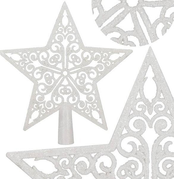 Springos Czubek na choinkę 22 cm szpic, ażurowa gwiazda biała brokatowa UNIWERSALNY