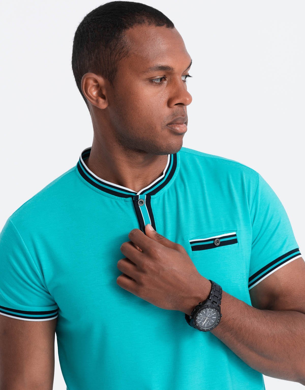 Ombre T-shirt męski henley ozdobnymi ściągaczami - turkusowy V7 OM-TSCT-0175 L