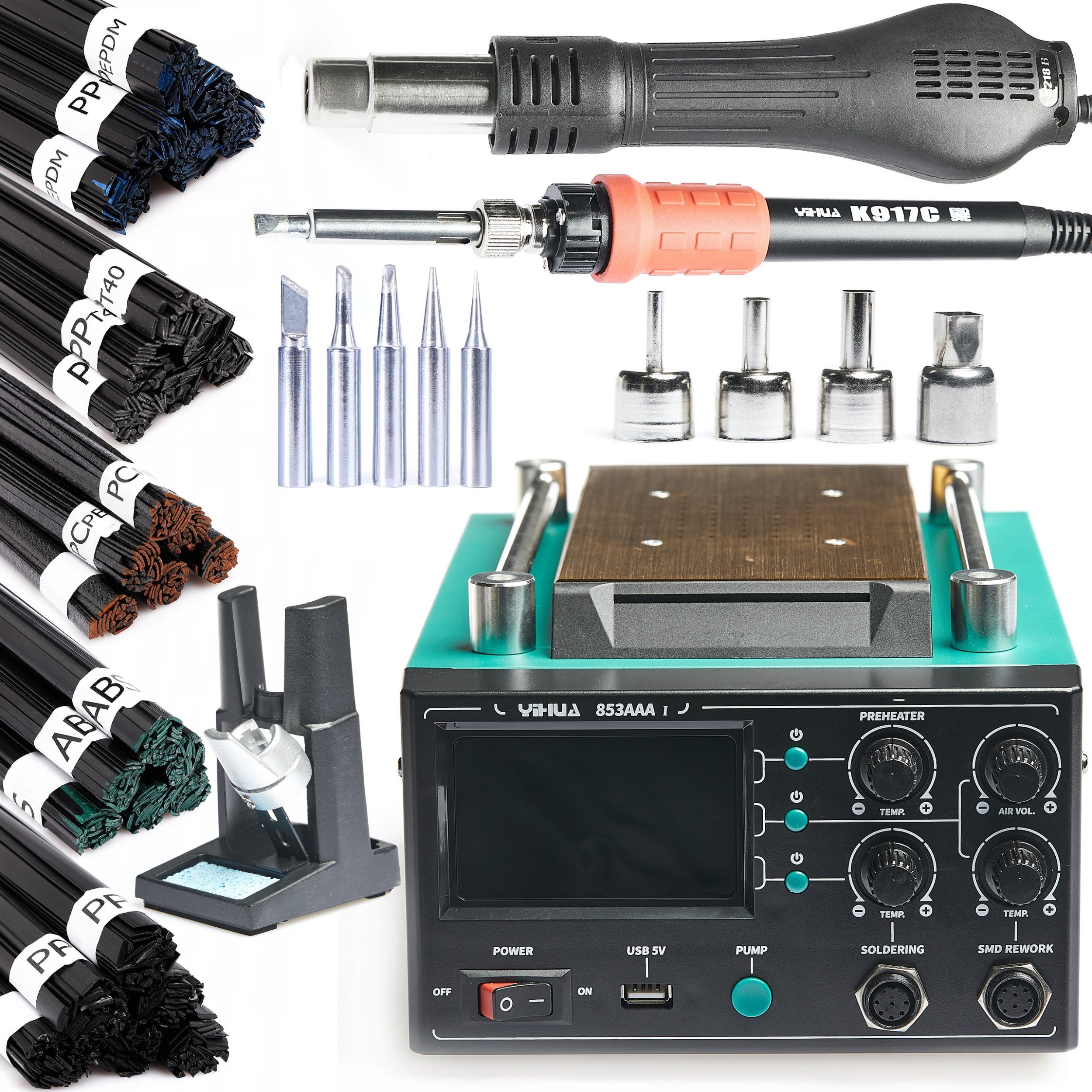 Stacja Lutownicza 3w1 Yihua 853AAA-I + 5x Groty + 5 Rodzajów Spoiw po 100g