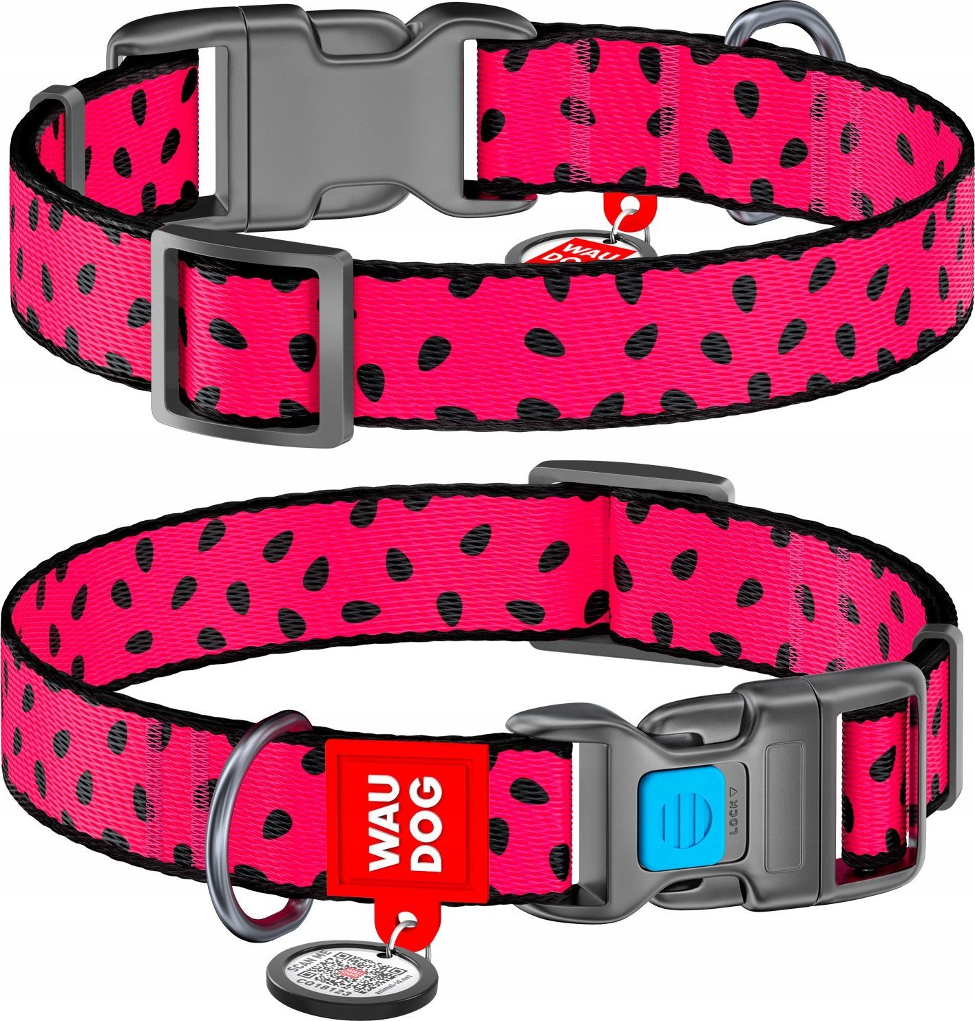 Collar WAU DOG OBROŻA NYLON Z ADRESÓWKĄ QR 25mm/33-49cm ARBUZ