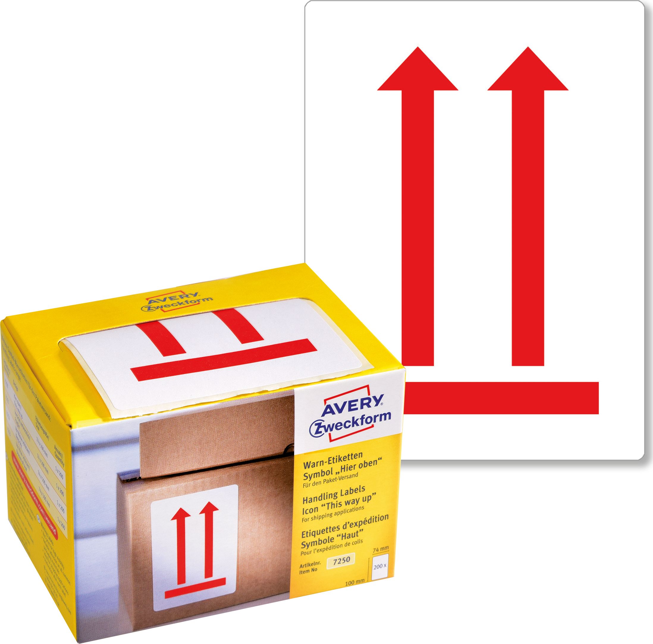 Avery Zweckform Ostrzegawcze etykiety wysyłkowe Avery Zweckform 'Tutaj góra' w dyspenserze, 200 etyk./op., 74 x 100 mm, CZERWONO BIAŁY