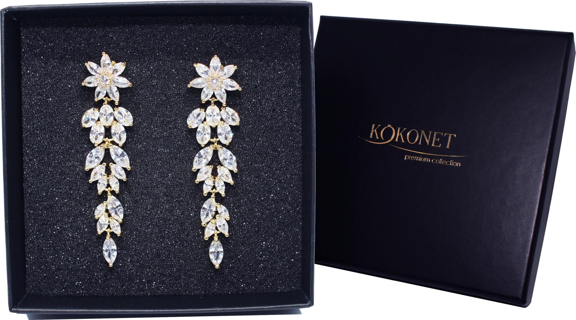 KOKONET Kolczyki WESELE wiszące kwiaty listki cyrkonie AAA