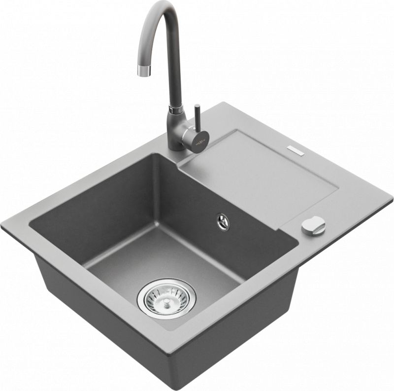 Zlewozmywak Mexen Enzo granitowy 1-komorowy z ociekaczem i baterią kuchenną Telma, biały - 6506-71-670200-71