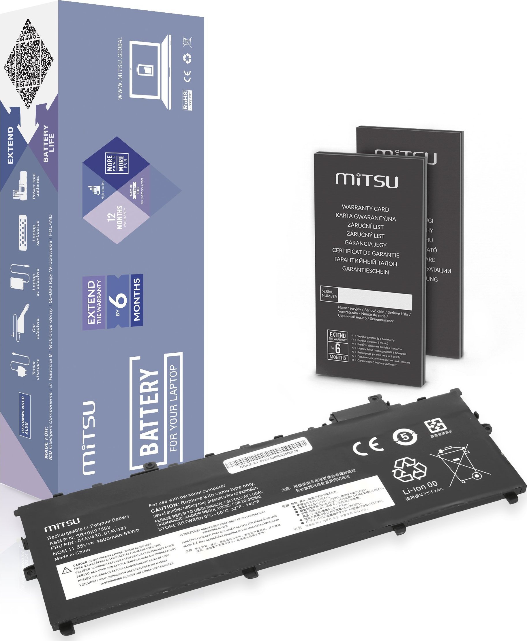 Bateria Mitsu Bateria 01AV430 do Lenovo ThinkPad X1 Carbon 5 6 2017 2018