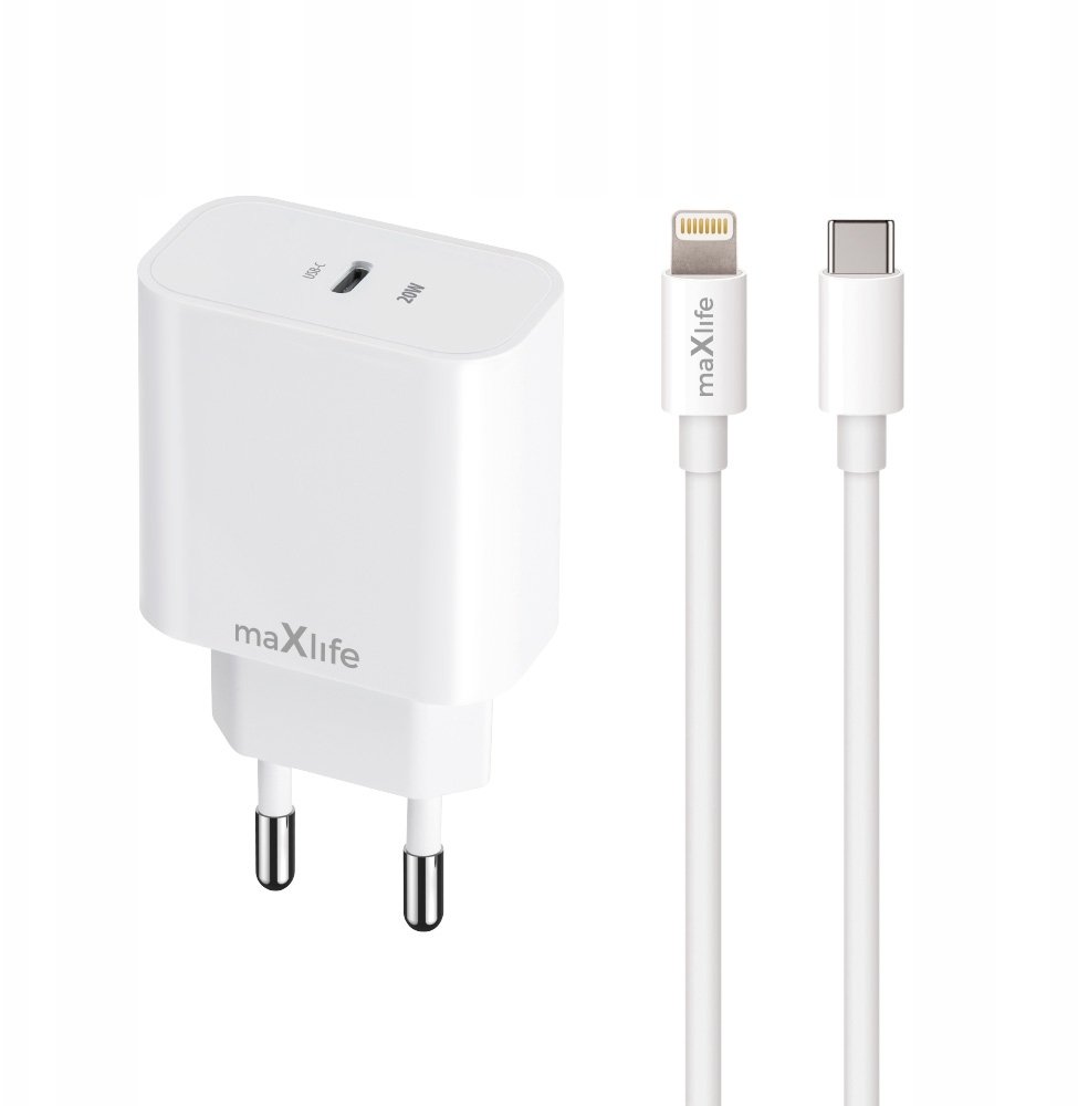 Maxlife ładowarka sieciowa PD QC MXTC-06-20C 1x USB-C 20W biała + kabel USB-C - Lightning 20W