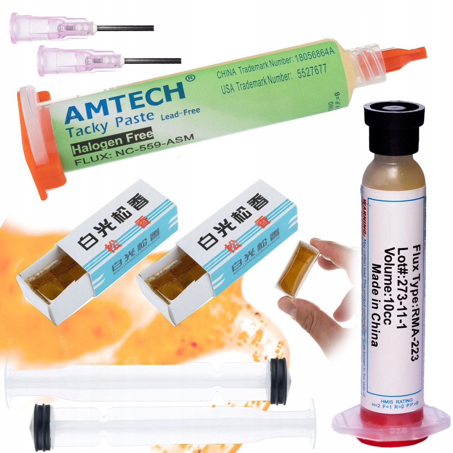 ZESTAW TŁOCZEK IGŁA TOPNIK DO LUTOWANIA RMA-223 PASTA BGA AKTYWNA KALAFONIA