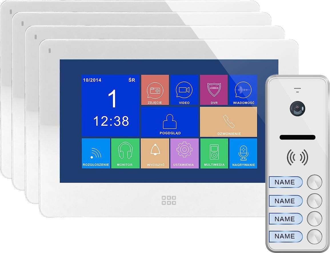 Orno Zestaw wideodomofonowy 4-rodzinny, bezsłuchawkowy kolor, LCD 7", dotykowy, menu OSD, pamięć, gniazdo na kartę SD, DVR, sterowanie bramą, biały, F