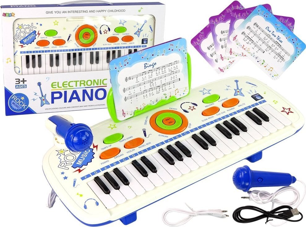 Elektryczne Pianino Keyboard Dla Dzieci Niebieski Nuty USB MP3 LEAN Toys