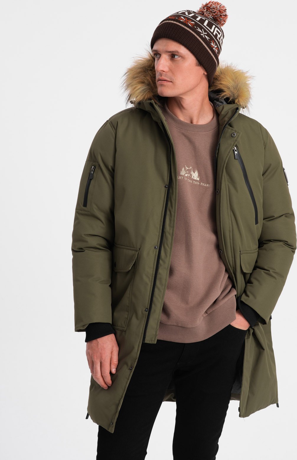 Kurtka męska Ombre Zimowa kurtka męska alaska z odpinanym futerkiem od kaptura - ciemnooliwkowa V3 OM-JALJ-0148 XXL