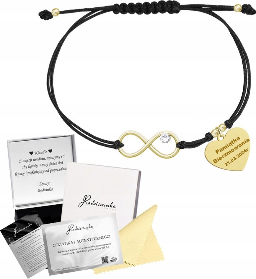 Radziszewska Jewellery Bransoletka Złota Nieskończoność Serce z Grawerem 925 Biżuteria Prezent