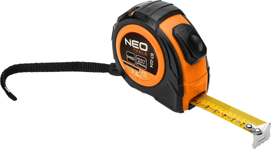 Neo Miara zwijana stalowa 7,5 m x 25 mm, auto blokada, dwa przyciski stop