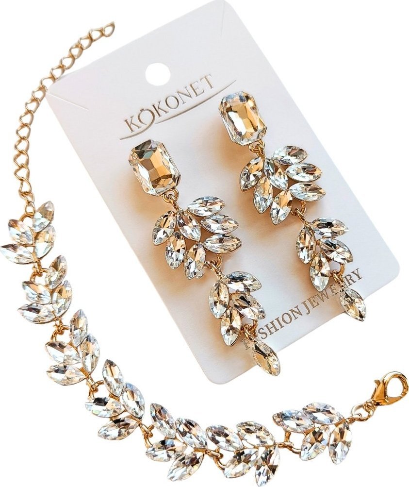 KOKONET Pozłacany zestaw kryształowej biżuterii kolczyki bransoletka z listkami
