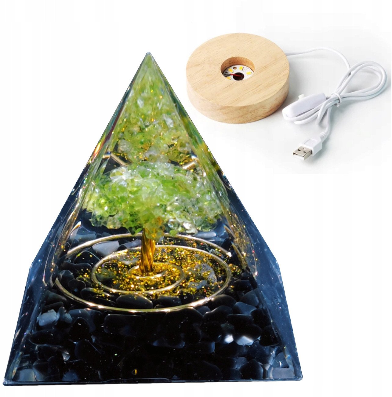 Piramida ORGONIT +LED Lampka PODSTAWA 5cm KRYSZTAŁ KAMIENIE AMULET 5cm HX14