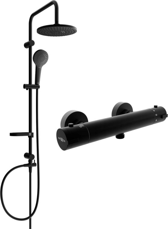 Zestaw prysznicowy Mexen Mexen Erik zestaw prysznicowy natynkowy z deszczownicą i baterią prysznicową termostatyczną Kai, czarny - 77100205-70