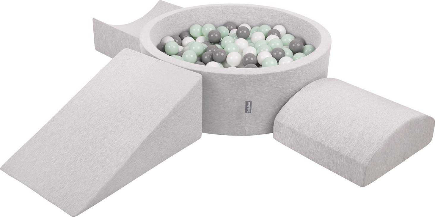 KiddyMoon Piankowy plac zabaw PPZP-OK30D-114 z piłeczkami jasnoszary: biały-szary-mięta basen 200/klin L/rampa L/półwałek L Zabawka plac zabaw