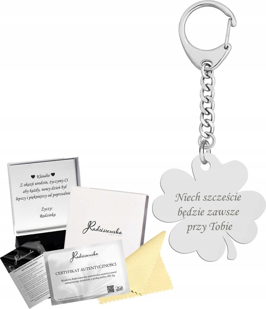 Radziszewska Jewellery Brelok Koniczyna na Szczęście SREBRO 925 Prezent GRAWER GRATIS