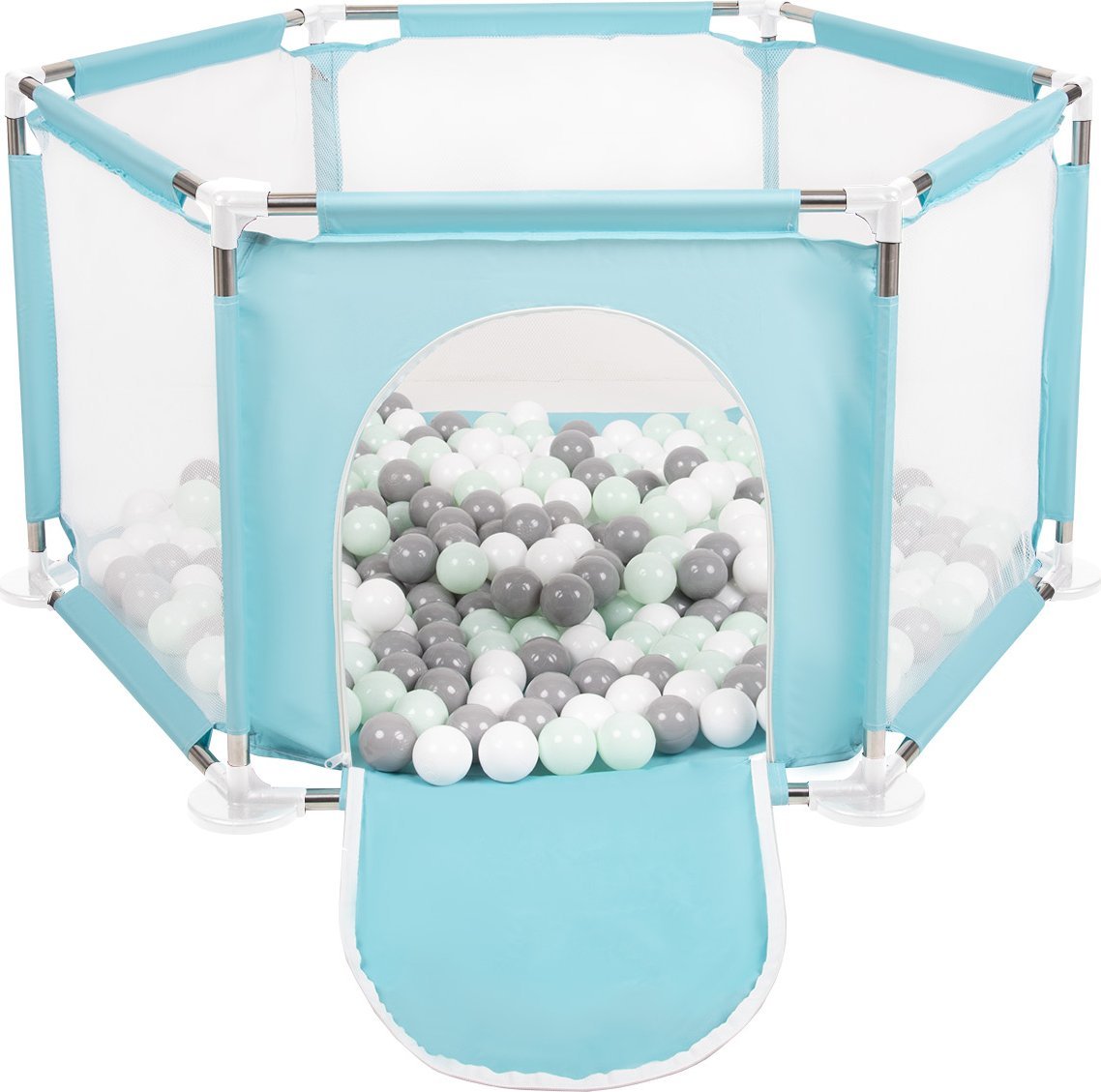 Selonis Selonis Sześciokąt składany KS-100X z piłeczkami 6cm miętowy: biały-szary-mięta 63x64/200piłek Zabawka kojec