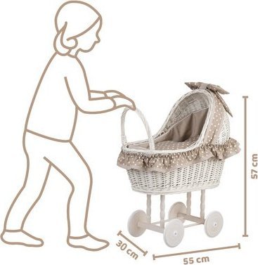 WickerPL LULU WIKLINOWY WYBIELANY WÓZEK DLA LALEK Z POŚCIELĄ 55X30 H57 CM